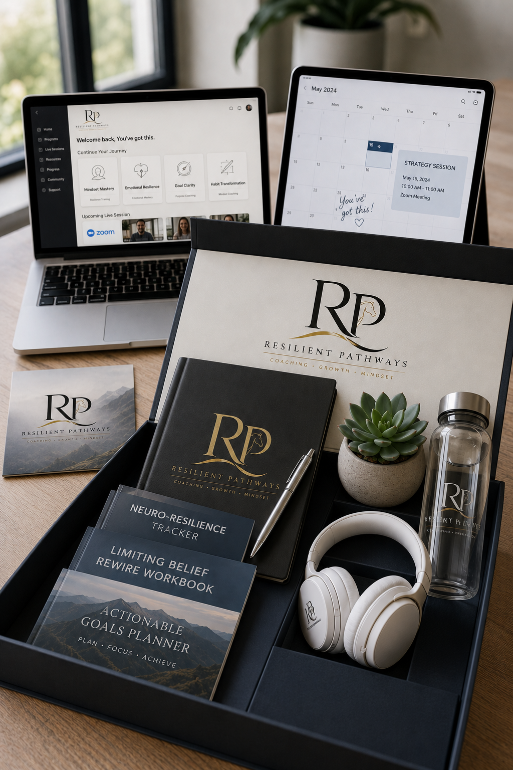 Resilient Pathways branded items including books, a water bottle, and headphones on a desk.